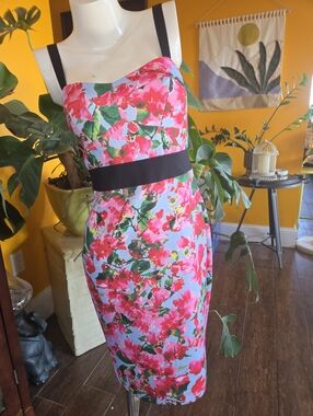 Milly Pink Floral Midi Dress with Black Waistband